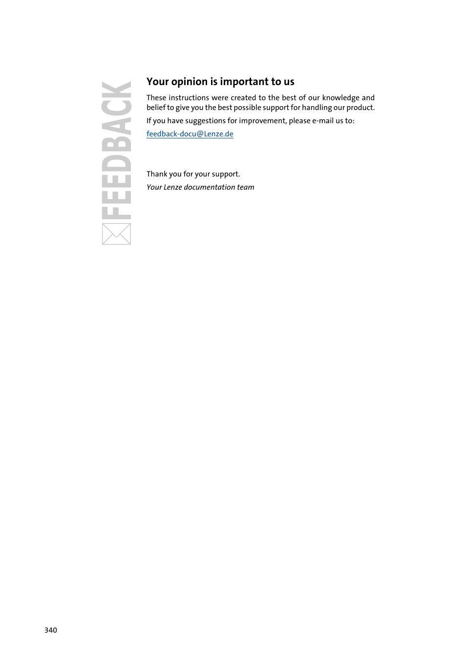 Your opinion is important to us | Lenze 8400 BaseLine C User Manual | Page 340 / 342
