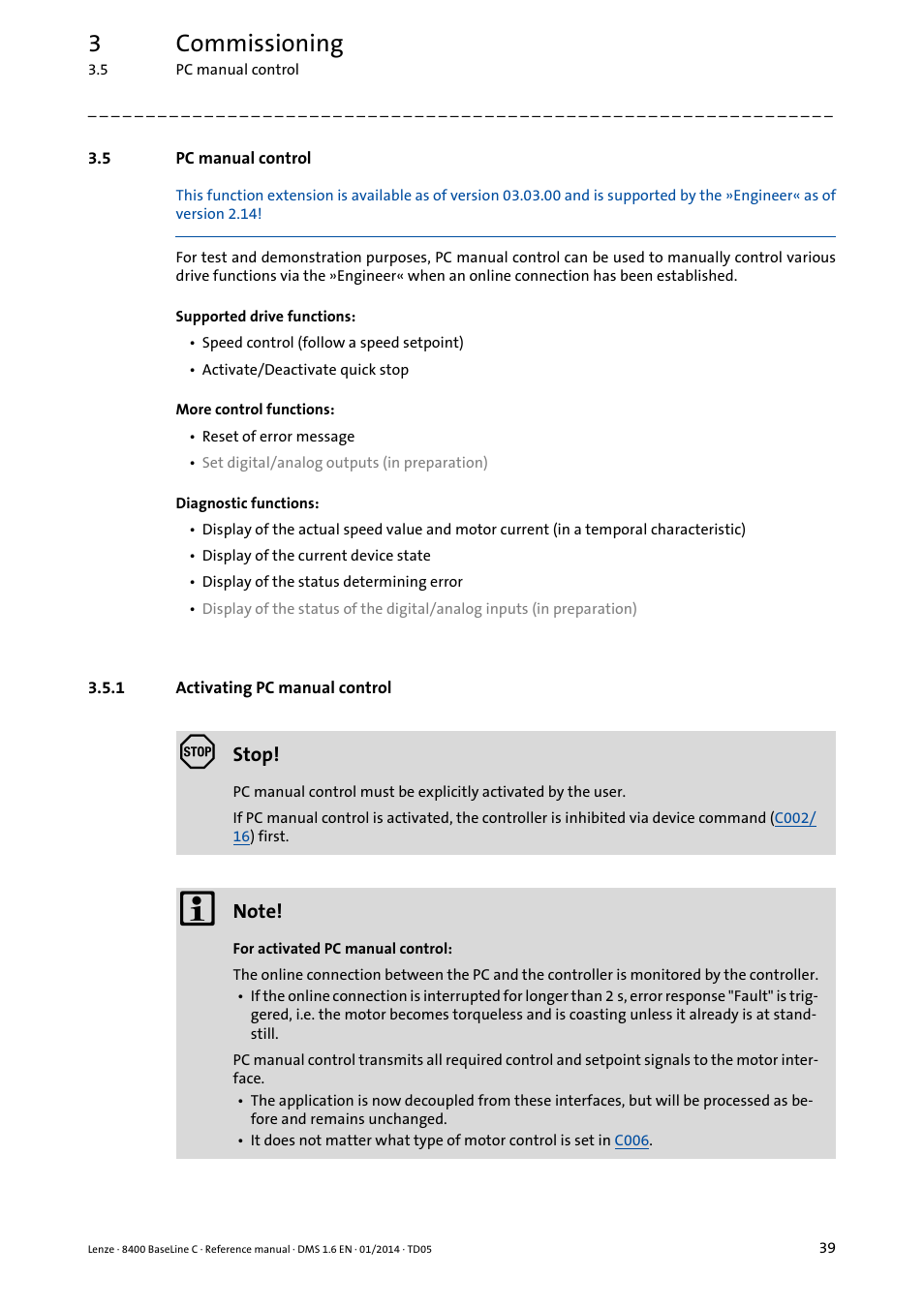 5 pc manual control, 1 activating pc manual control, Pc manual control | Activating pc manual control, 3commissioning | Lenze 8400 BaseLine C User Manual | Page 39 / 342