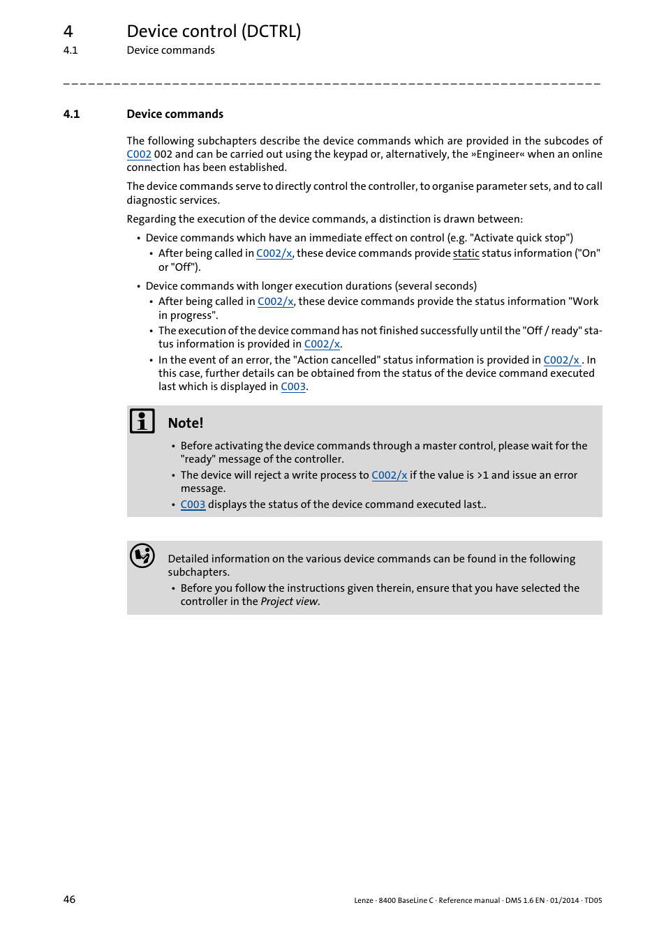 1 device commands, Device commands, 4device control (dctrl) | Lenze 8400 BaseLine C User Manual | Page 46 / 342