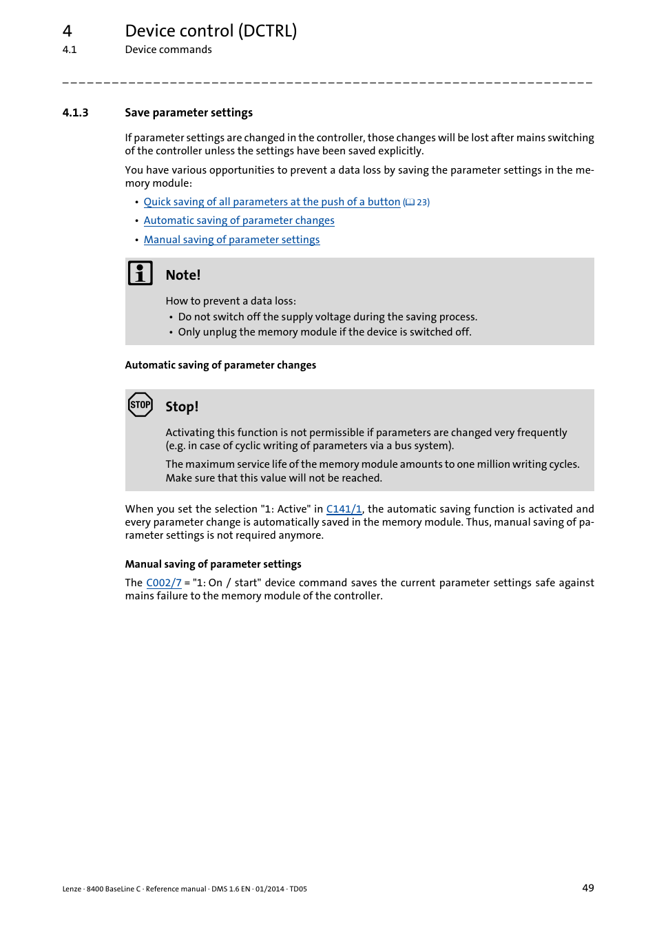 3 save parameter settings, Save parameter settings, Automatic saving of parameter changes | Manual saving of parameter settings, 4device control (dctrl) | Lenze 8400 BaseLine C User Manual | Page 49 / 342