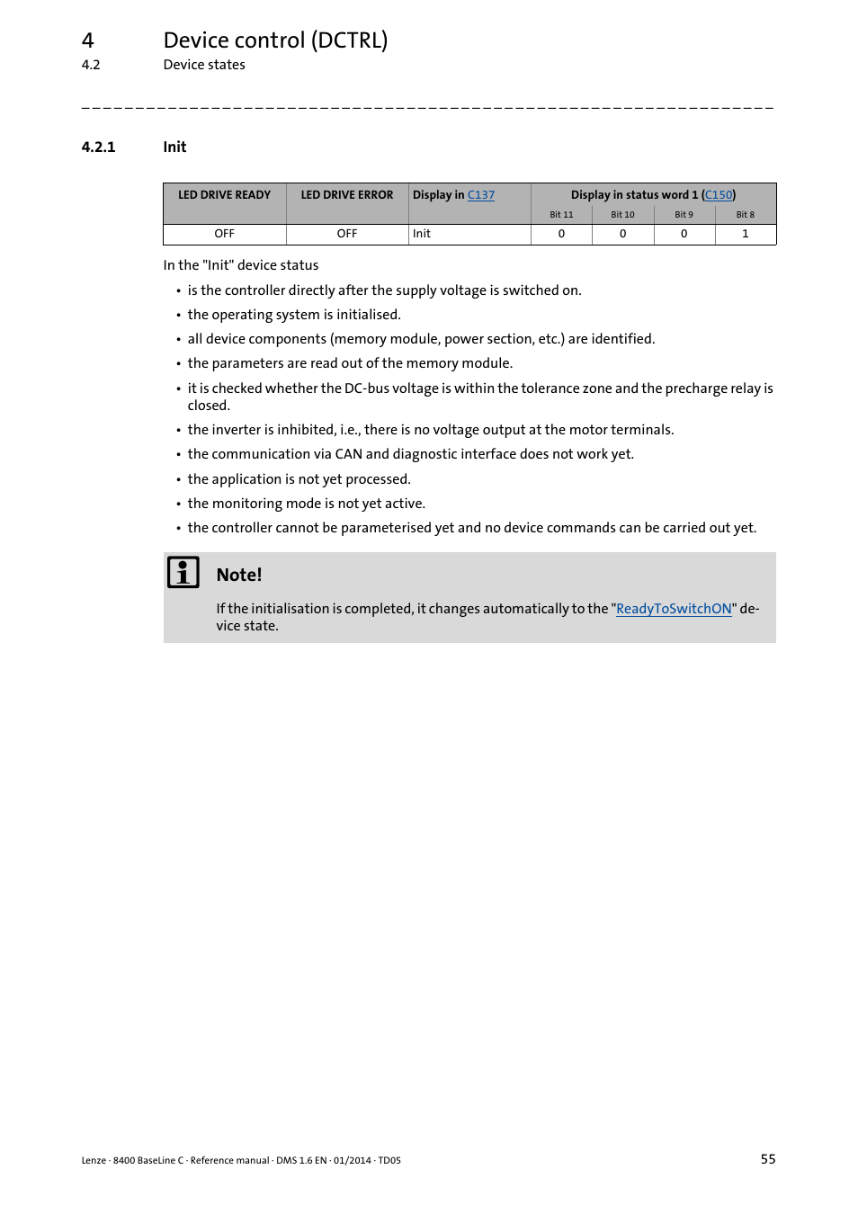 1 init, Init, 4device control (dctrl) | Lenze 8400 BaseLine C User Manual | Page 55 / 342
