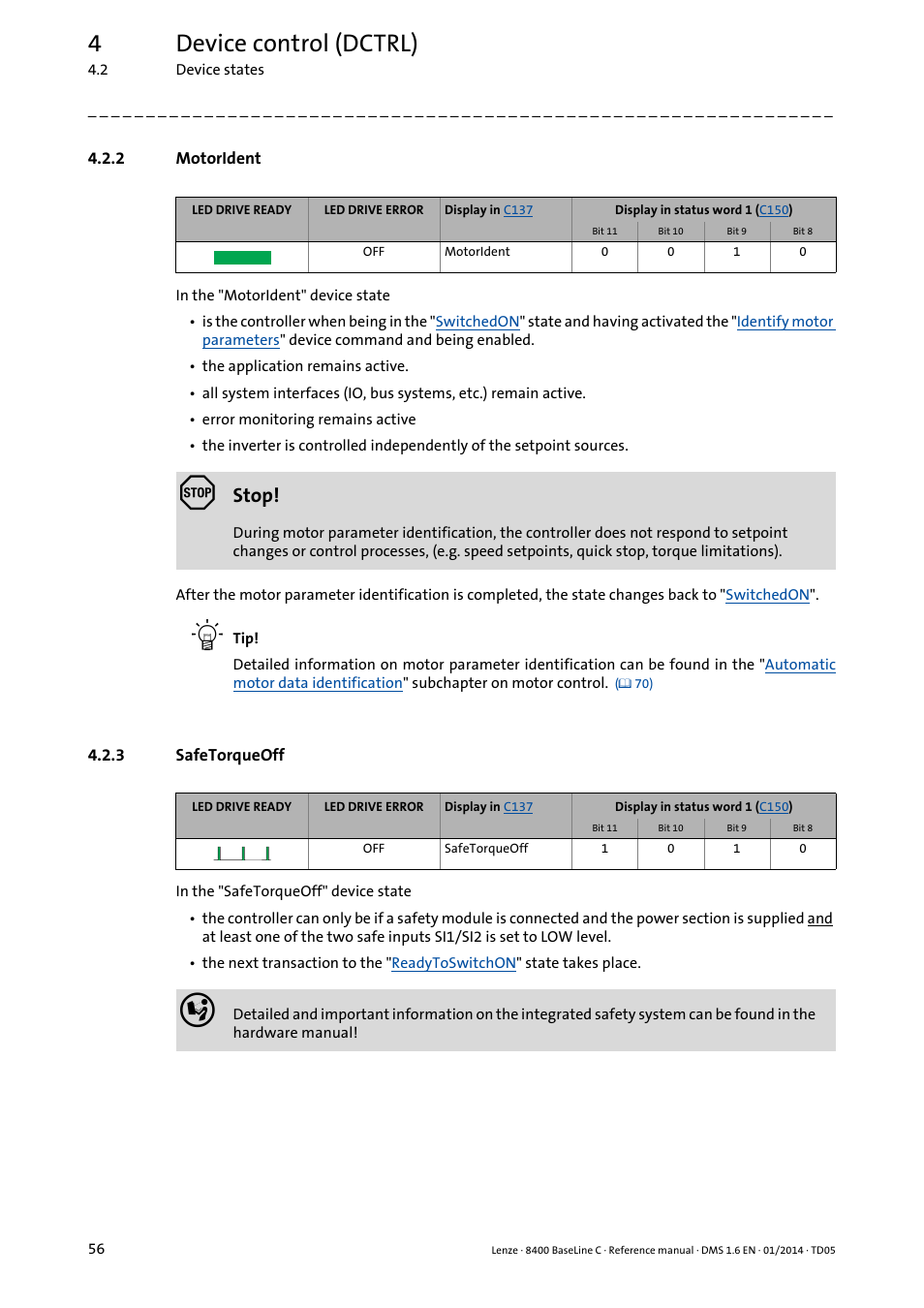 2 motorident, 3 safetorqueoff, Motorident | Safetorqueoff, Device state, 4device control (dctrl), Stop | Lenze 8400 BaseLine C User Manual | Page 56 / 342