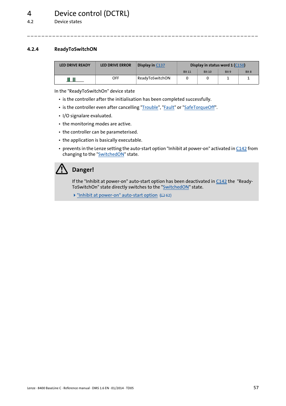 4 readytoswitchon, Readytoswitchon, 4device control (dctrl) | Danger | Lenze 8400 BaseLine C User Manual | Page 57 / 342
