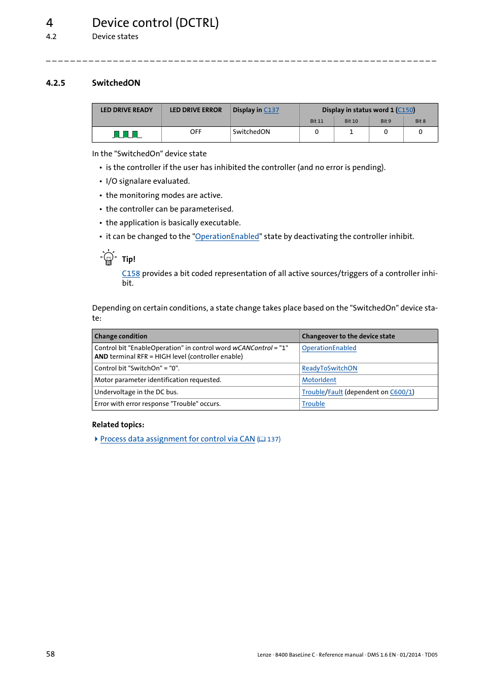 5 switchedon, Switchedon, State | 4device control (dctrl) | Lenze 8400 BaseLine C User Manual | Page 58 / 342