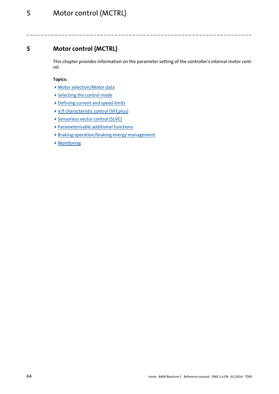 5 motor control (mctrl), Motor control (mctrl), 5motor control (mctrl) | Lenze 8400 BaseLine C User Manual | Page 64 / 342