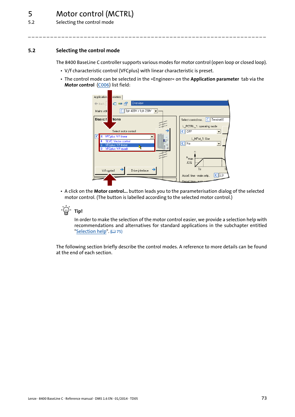 2 selecting the control mode, Selecting the control mode, 5motor control (mctrl) | Lenze 8400 BaseLine C User Manual | Page 73 / 342