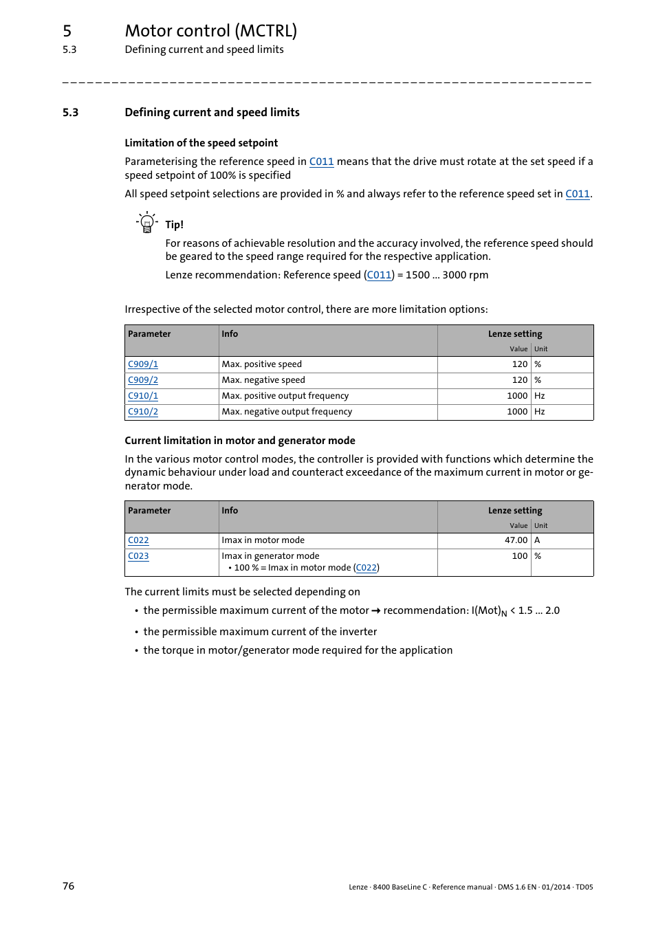 3 defining current and speed limits, Defining current and speed limits, 5motor control (mctrl) | Lenze 8400 BaseLine C User Manual | Page 76 / 342