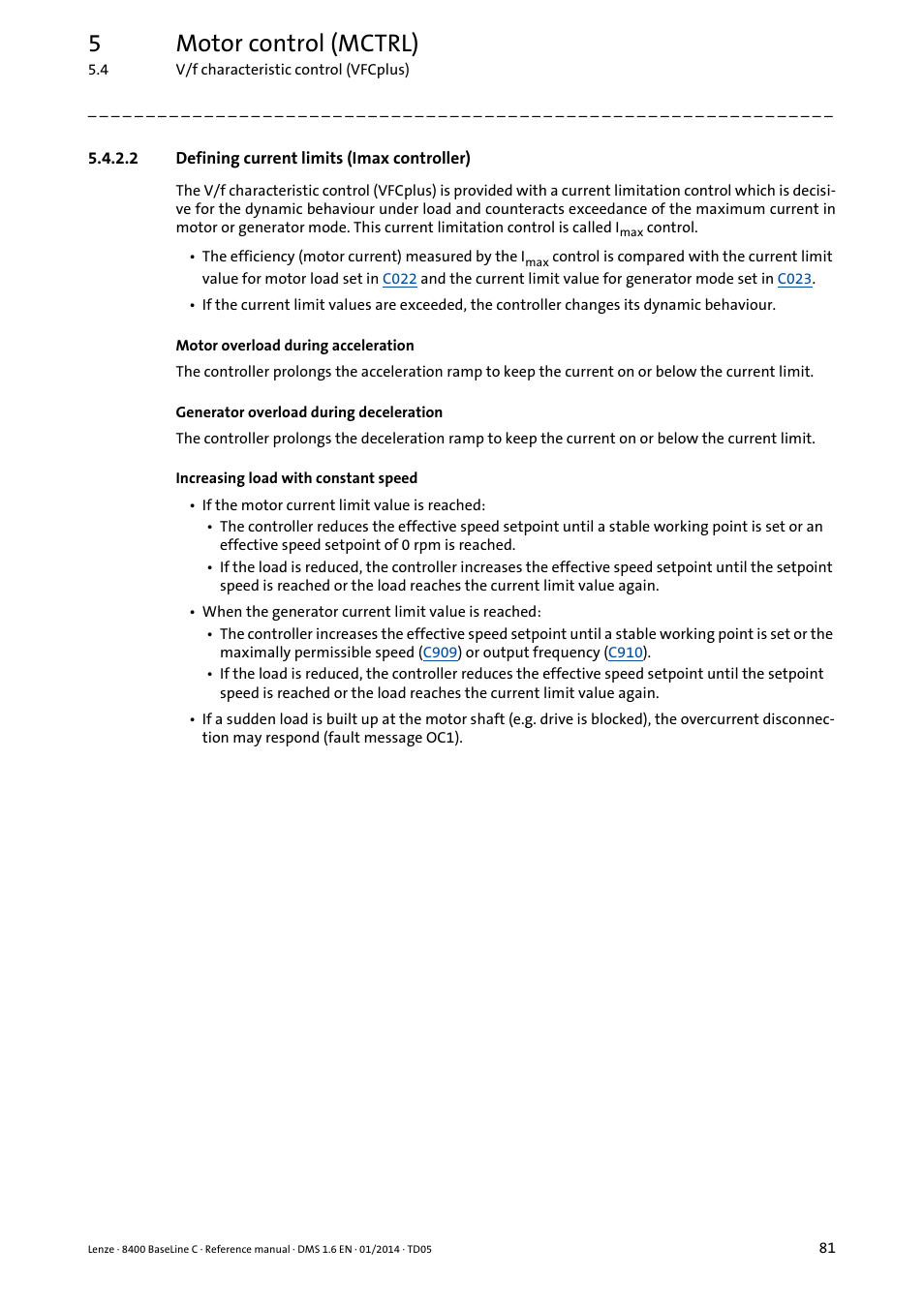 2 defining current limits (imax controller), Defining current limits (imax controller), 5motor control (mctrl) | Lenze 8400 BaseLine C User Manual | Page 81 / 342