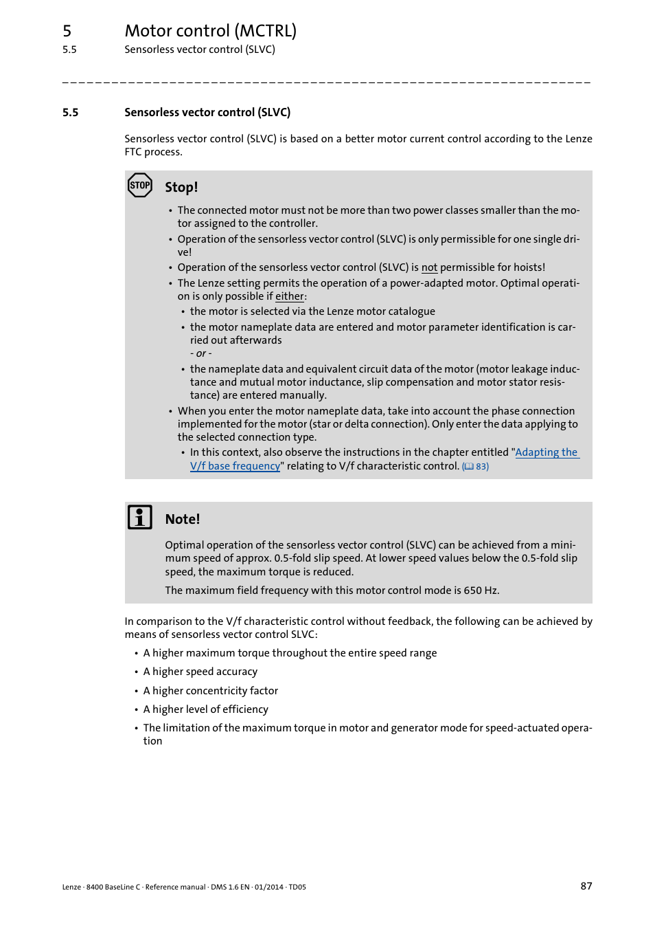 5 sensorless vector control (slvc), Sensorless vector control (slvc), 5motor control (mctrl) | Lenze 8400 BaseLine C User Manual | Page 87 / 342