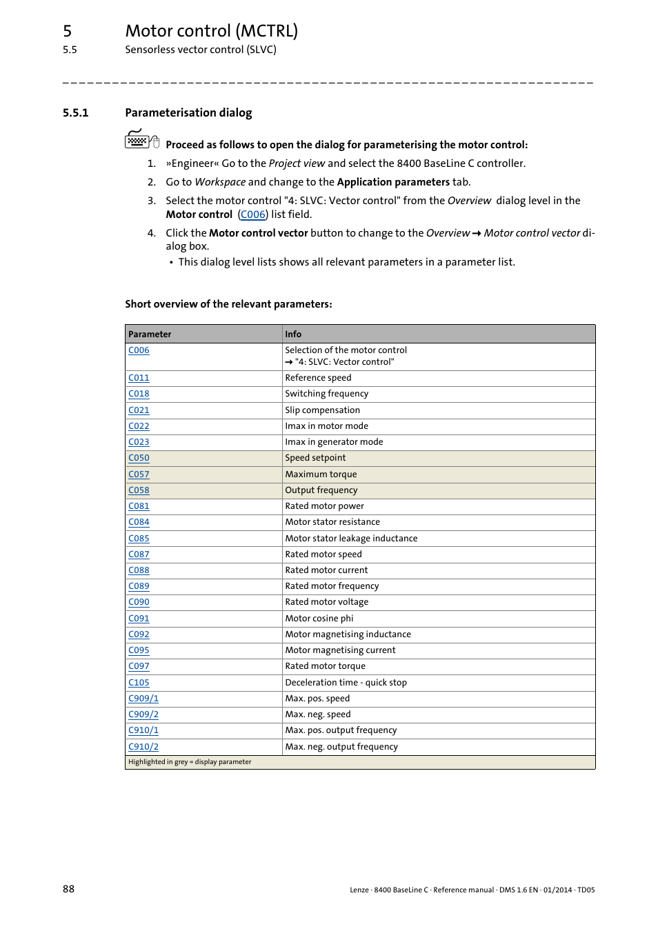 1 parameterisation dialog, Parameterisation dialog, 5motor control (mctrl) | Lenze 8400 BaseLine C User Manual | Page 88 / 342