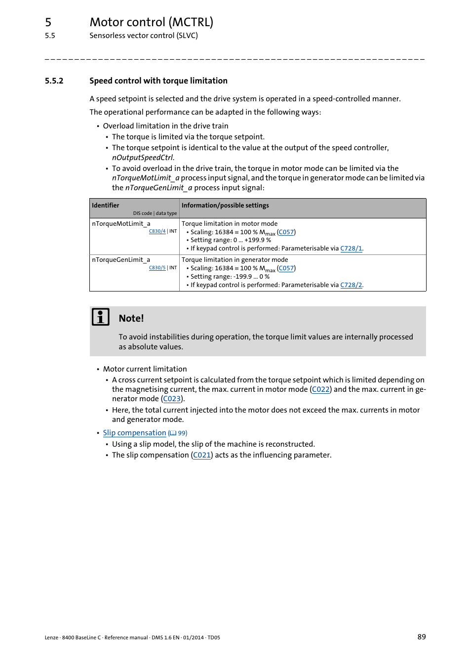 2 speed control with torque limitation, Speed control with torque limitation, 5motor control (mctrl) | Lenze 8400 BaseLine C User Manual | Page 89 / 342