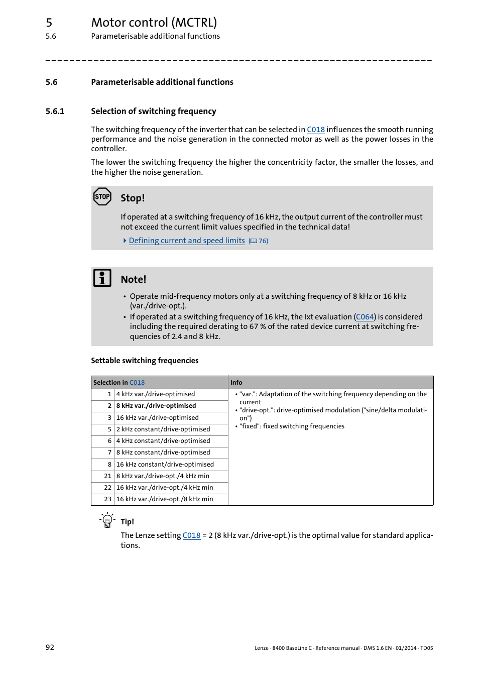 6 parameterisable additional functions, 1 selection of switching frequency, Parameterisable additional functions | Selection of switching frequency, Chapter, 5motor control (mctrl) | Lenze 8400 BaseLine C User Manual | Page 92 / 342
