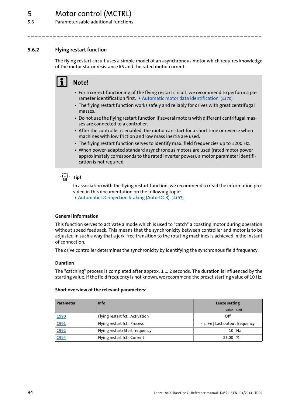 2 flying restart function, Flying restart function, Ready rotating drive system | 5motor control (mctrl) | Lenze 8400 BaseLine C User Manual | Page 94 / 342