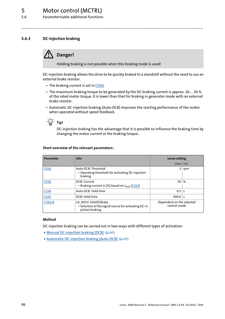 3 dc-injection braking, Dc-injection braking, 5motor control (mctrl) | Danger | Lenze 8400 BaseLine C User Manual | Page 96 / 342