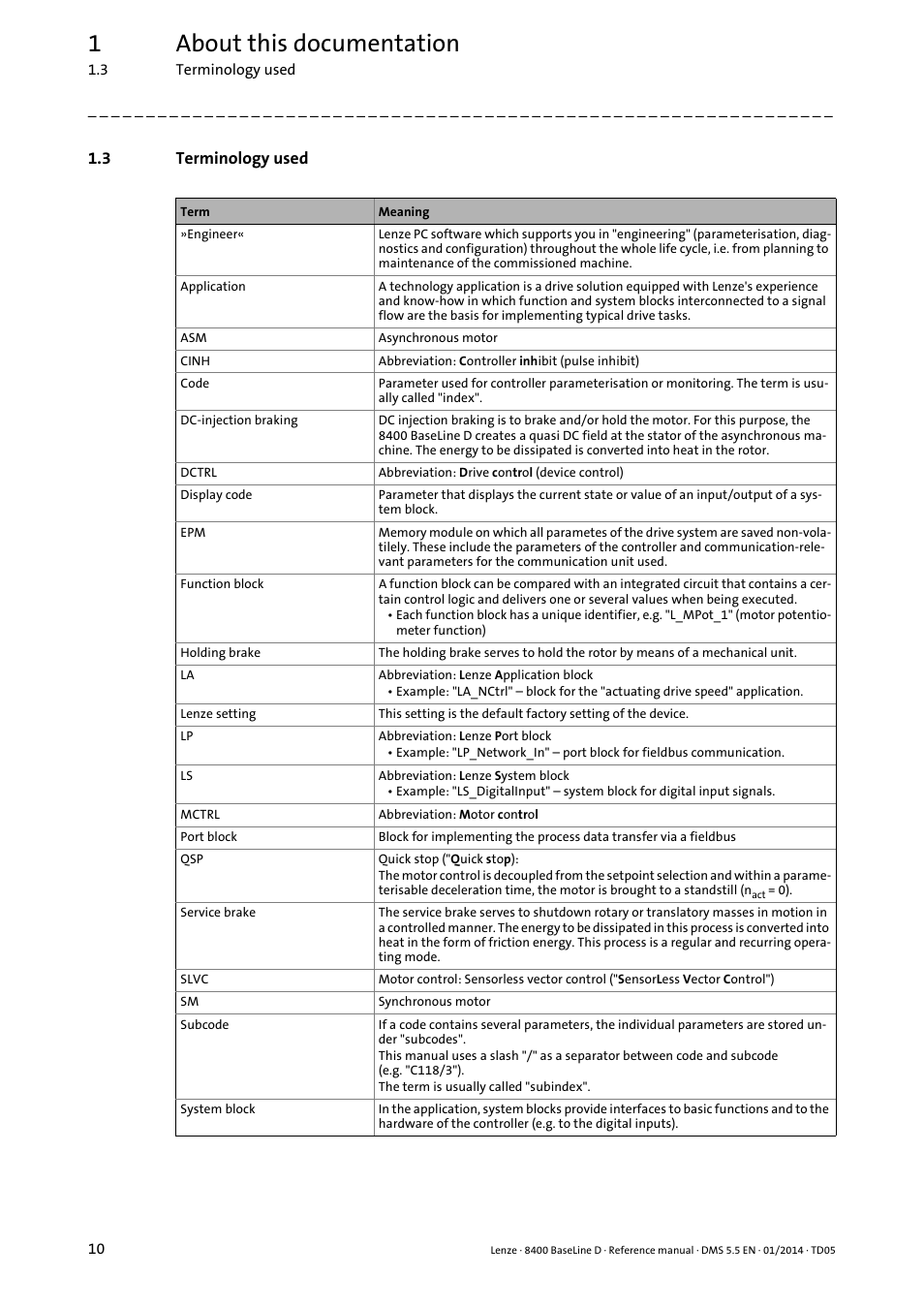3 terminology used, Terminology used, 1about this documentation | Lenze 8400 BaseLine D User Manual | Page 10 / 260