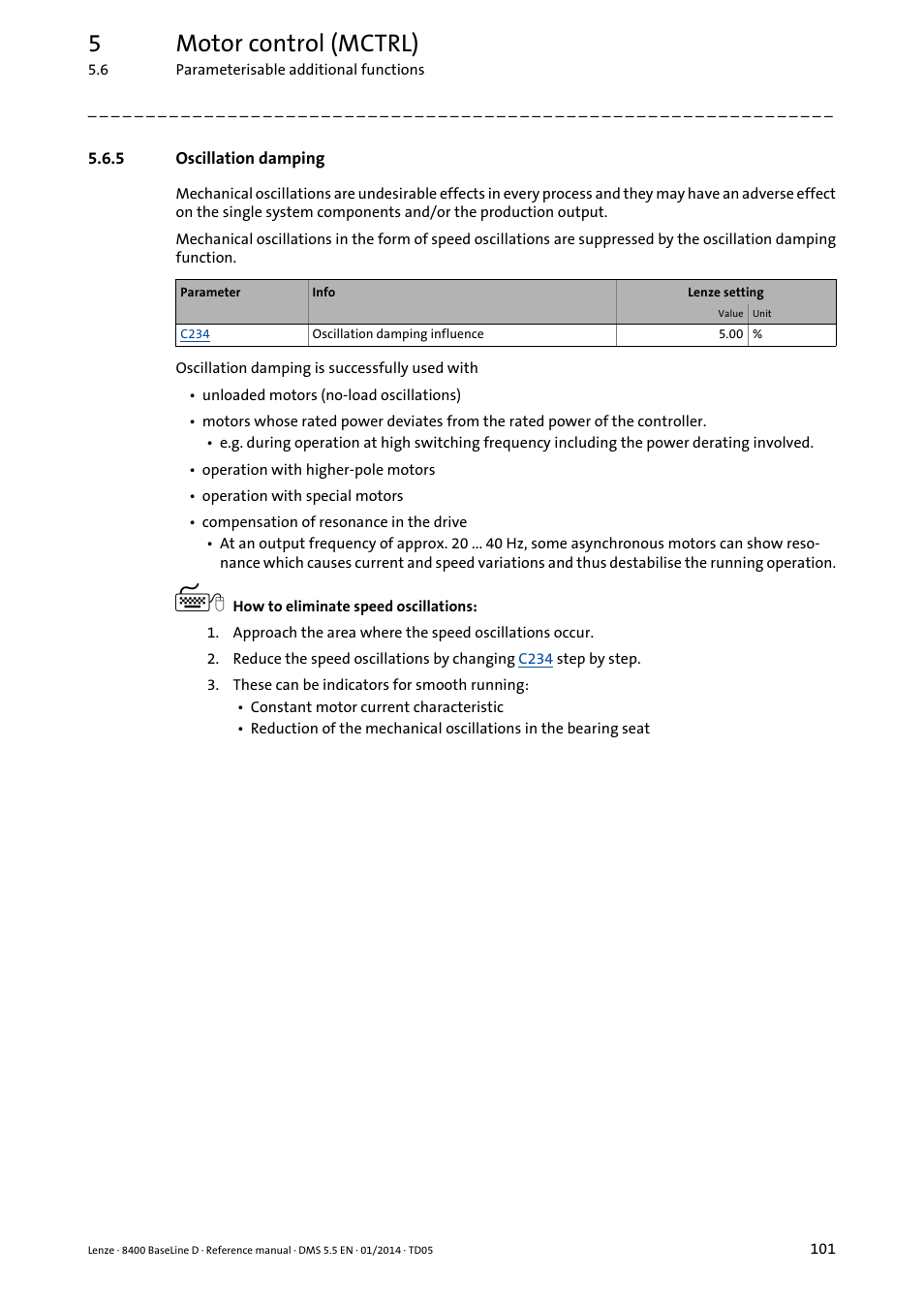 5 oscillation damping, Oscillation damping, 5motor control (mctrl) | Lenze 8400 BaseLine D User Manual | Page 101 / 260