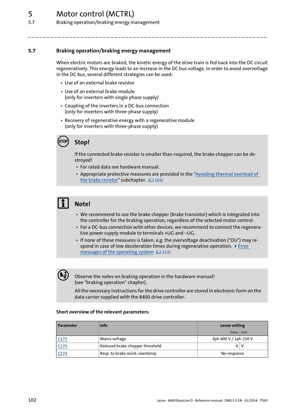 7 braking operation/braking energy management, Braking operation/braking energy management, 5motor control (mctrl) | Stop | Lenze 8400 BaseLine D User Manual | Page 102 / 260
