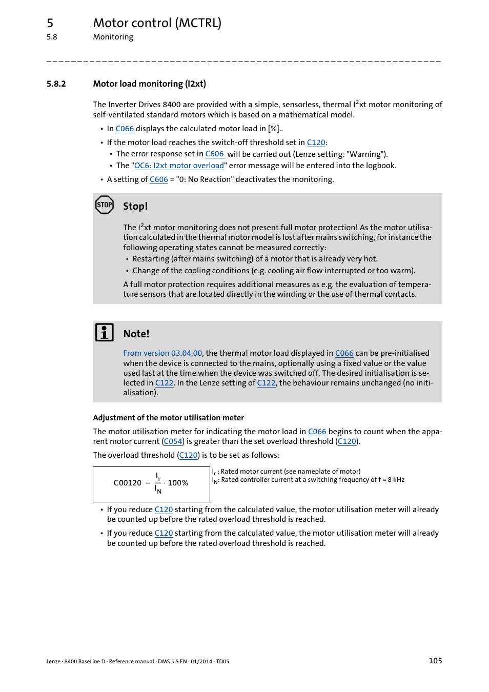 2 motor load monitoring (i2xt), Motor load monitoring (i2xt), 5motor control (mctrl) | Stop | Lenze 8400 BaseLine D User Manual | Page 105 / 260