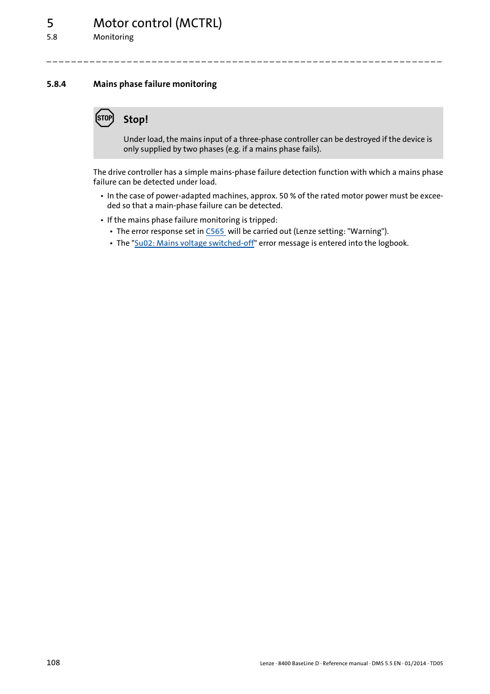 4 mains phase failure monitoring, Mains phase failure monitoring, 5motor control (mctrl) | Lenze 8400 BaseLine D User Manual | Page 108 / 260
