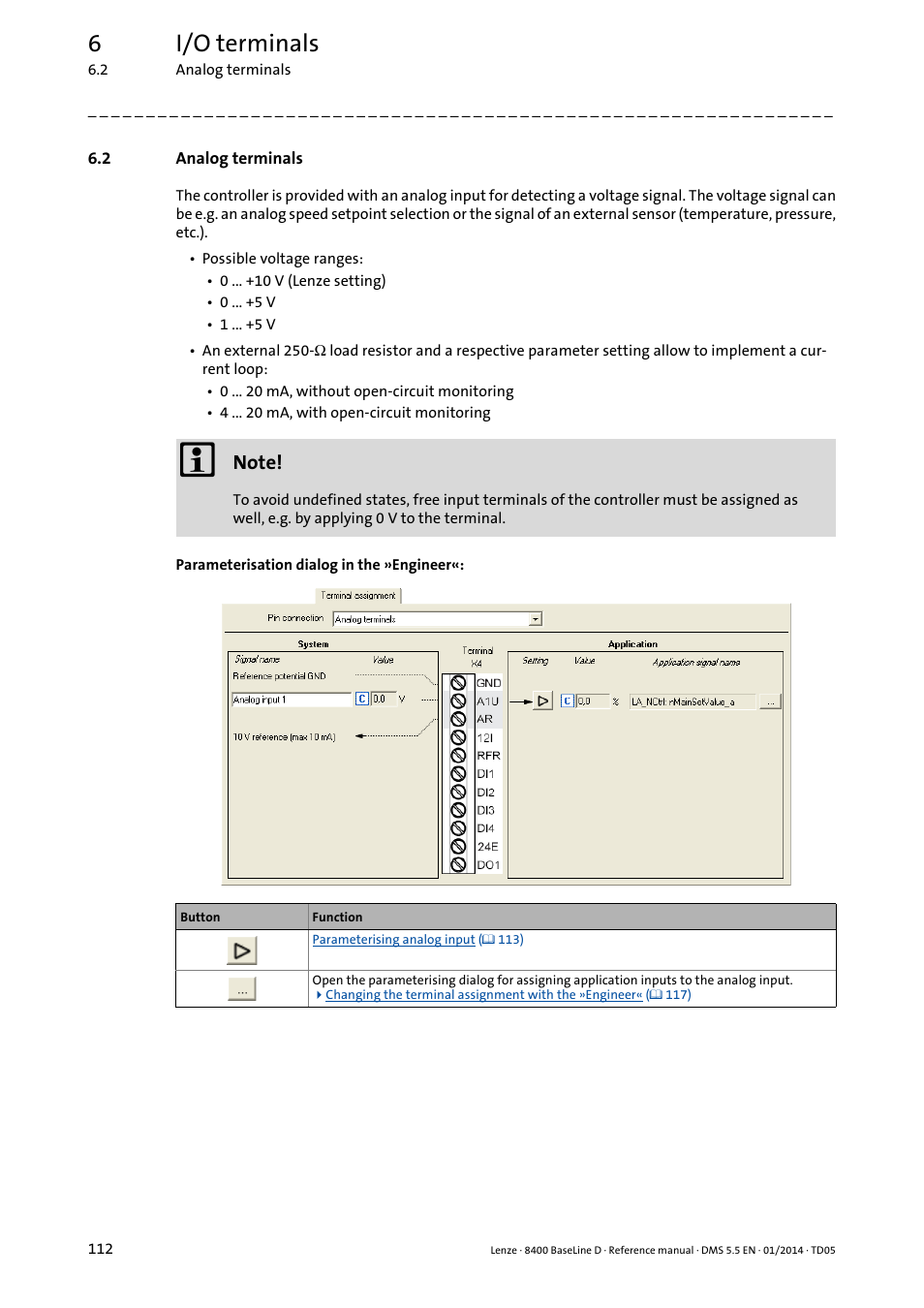2 analog terminals, Analog terminals, 6i/o terminals | Lenze 8400 BaseLine D User Manual | Page 112 / 260