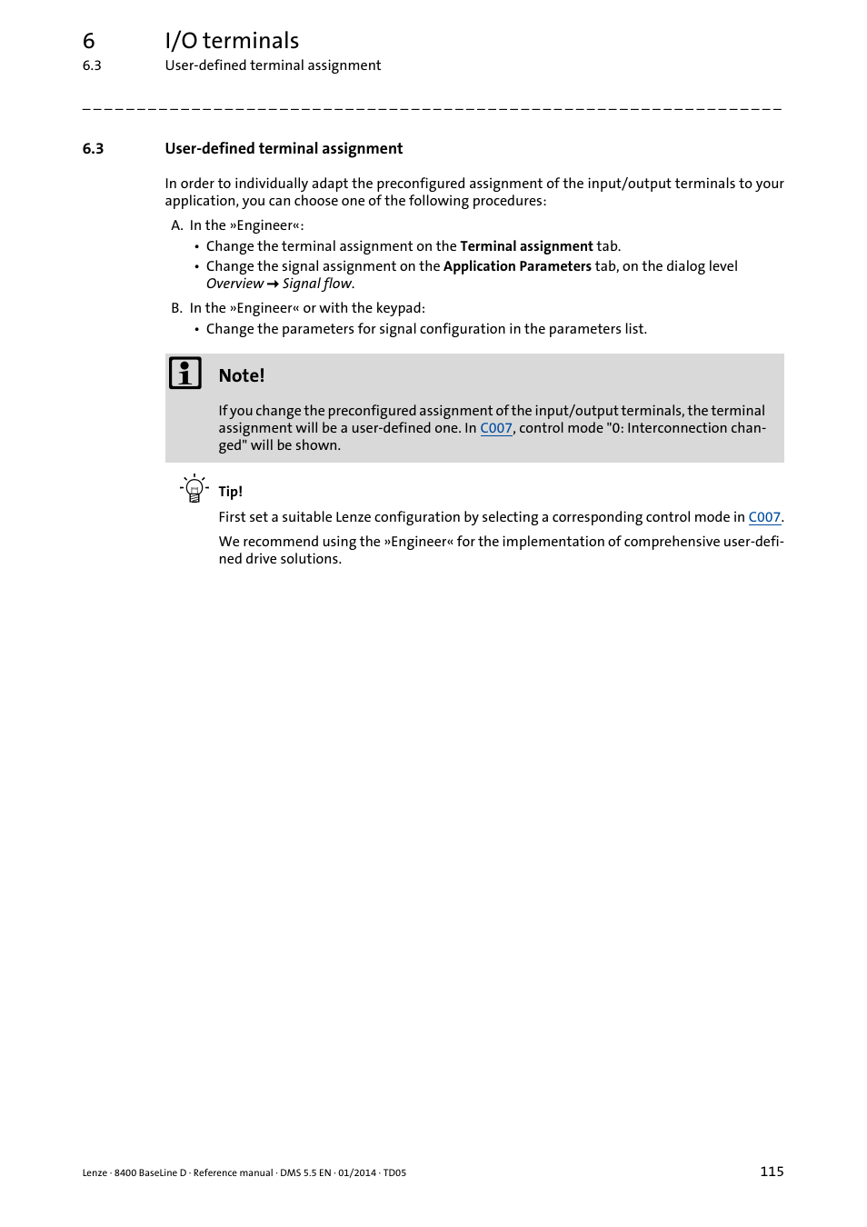 3 user-defined terminal assignment, User-defined terminal assignment, Titled | 6i/o terminals | Lenze 8400 BaseLine D User Manual | Page 115 / 260