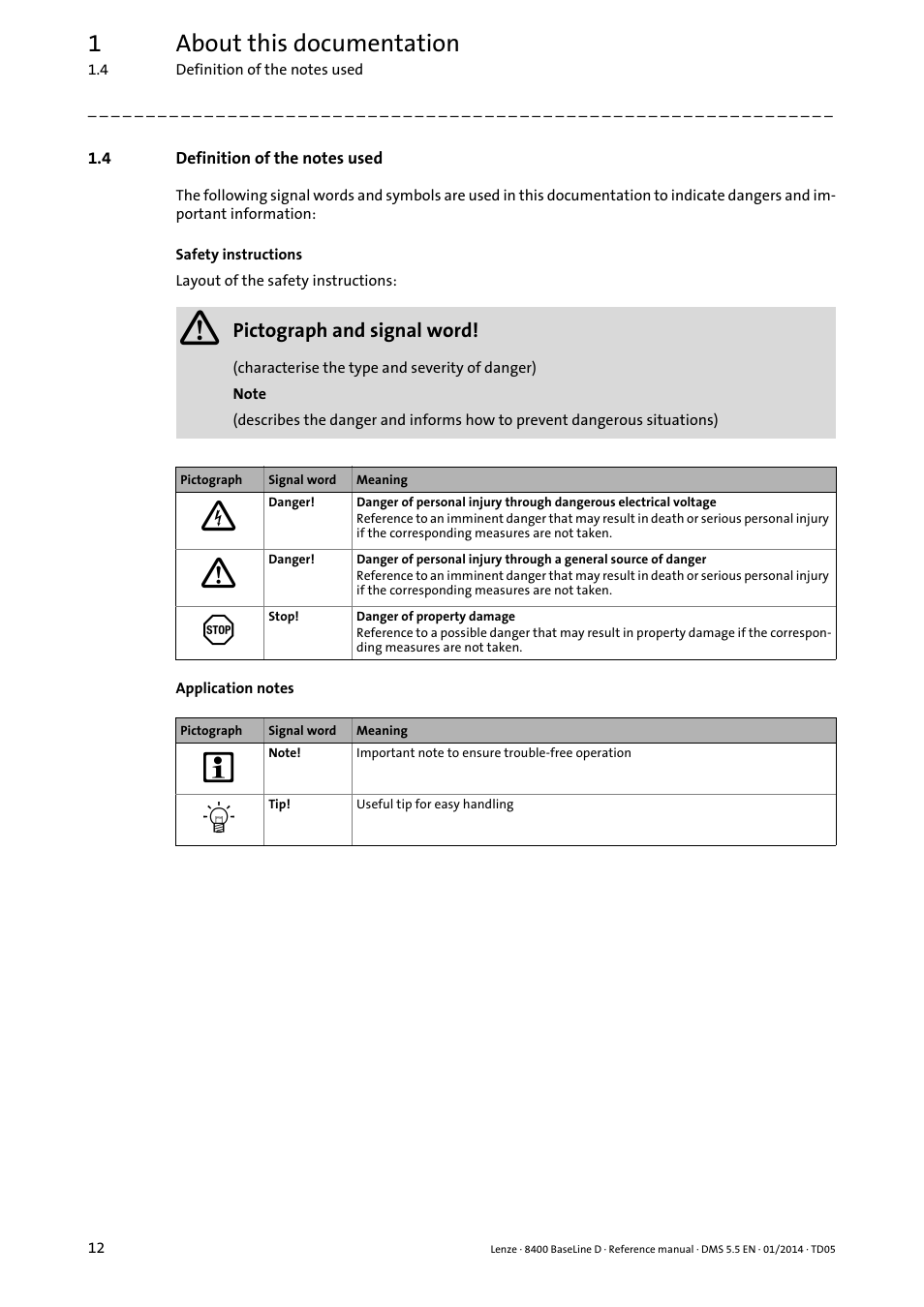 4 definition of the notes used, Definition of the notes used, 1about this documentation | Lenze 8400 BaseLine D User Manual | Page 12 / 260