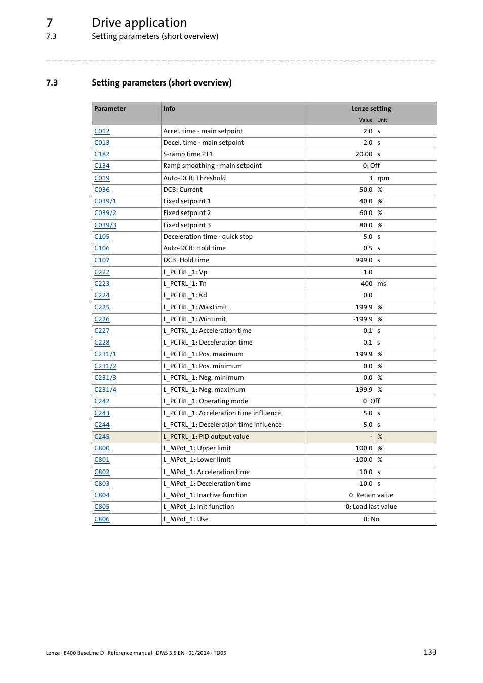3 setting parameters (short overview), Setting parameters (short overview), 7drive application | Lenze 8400 BaseLine D User Manual | Page 133 / 260