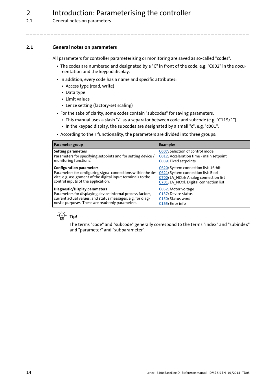 1 general notes on parameters, General notes on parameters, 2introduction: parameterising the controller | Lenze 8400 BaseLine D User Manual | Page 14 / 260