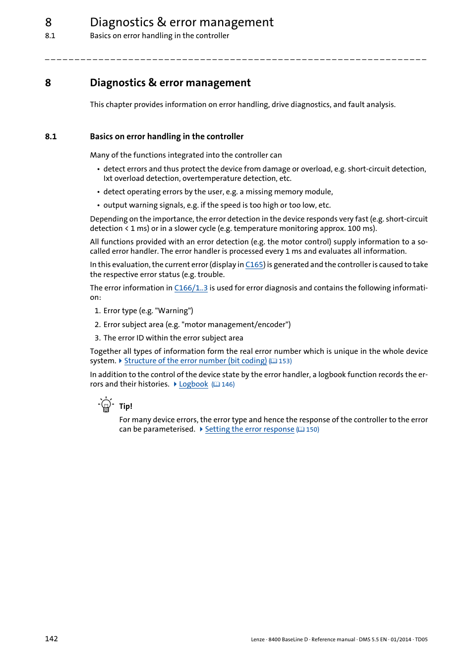 8 diagnostics & error management, 1 basics on error handling in the controller, Diagnostics & error management | Basics on error handling in the controller, Diagnostics, Error management, 8diagnostics & error management | Lenze 8400 BaseLine D User Manual | Page 142 / 260