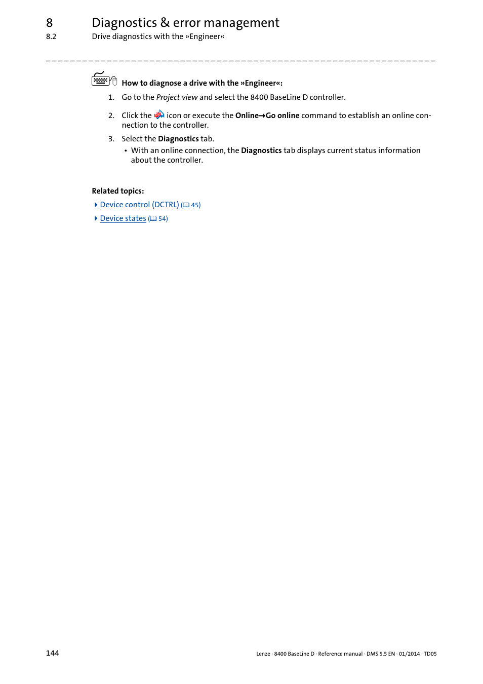 8diagnostics & error management | Lenze 8400 BaseLine D User Manual | Page 144 / 260