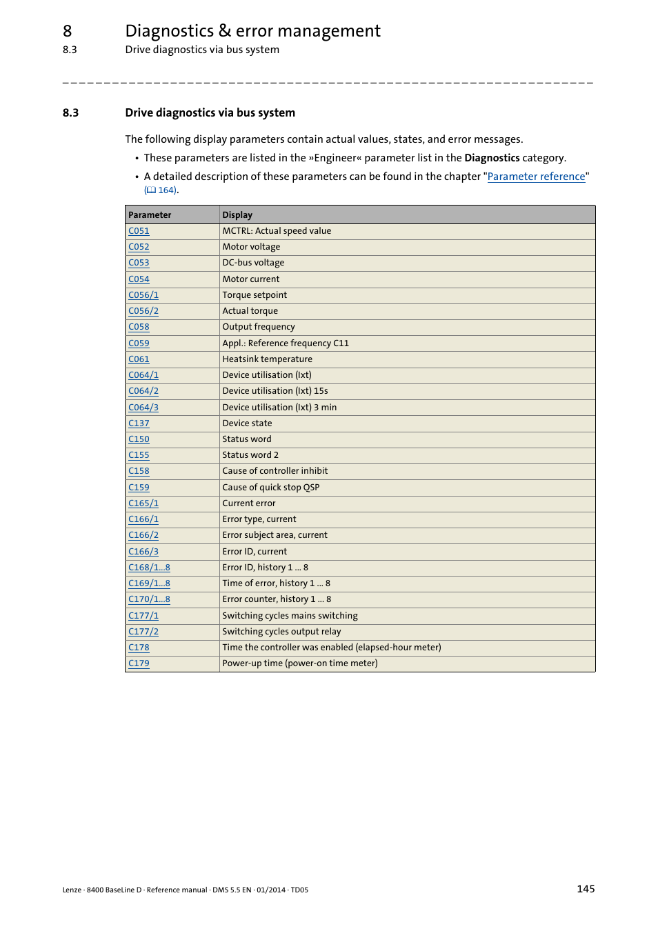 3 drive diagnostics via bus system, Drive diagnostics via bus system, 8diagnostics & error management | Lenze 8400 BaseLine D User Manual | Page 145 / 260