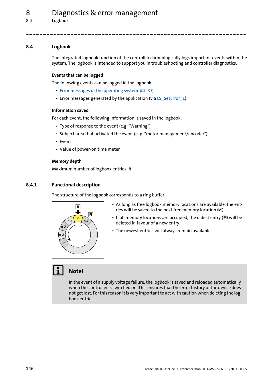 4 logbook, 1 functional description, Logbook | Functional description, Y the logbook, 8diagnostics & error management | Lenze 8400 BaseLine D User Manual | Page 146 / 260