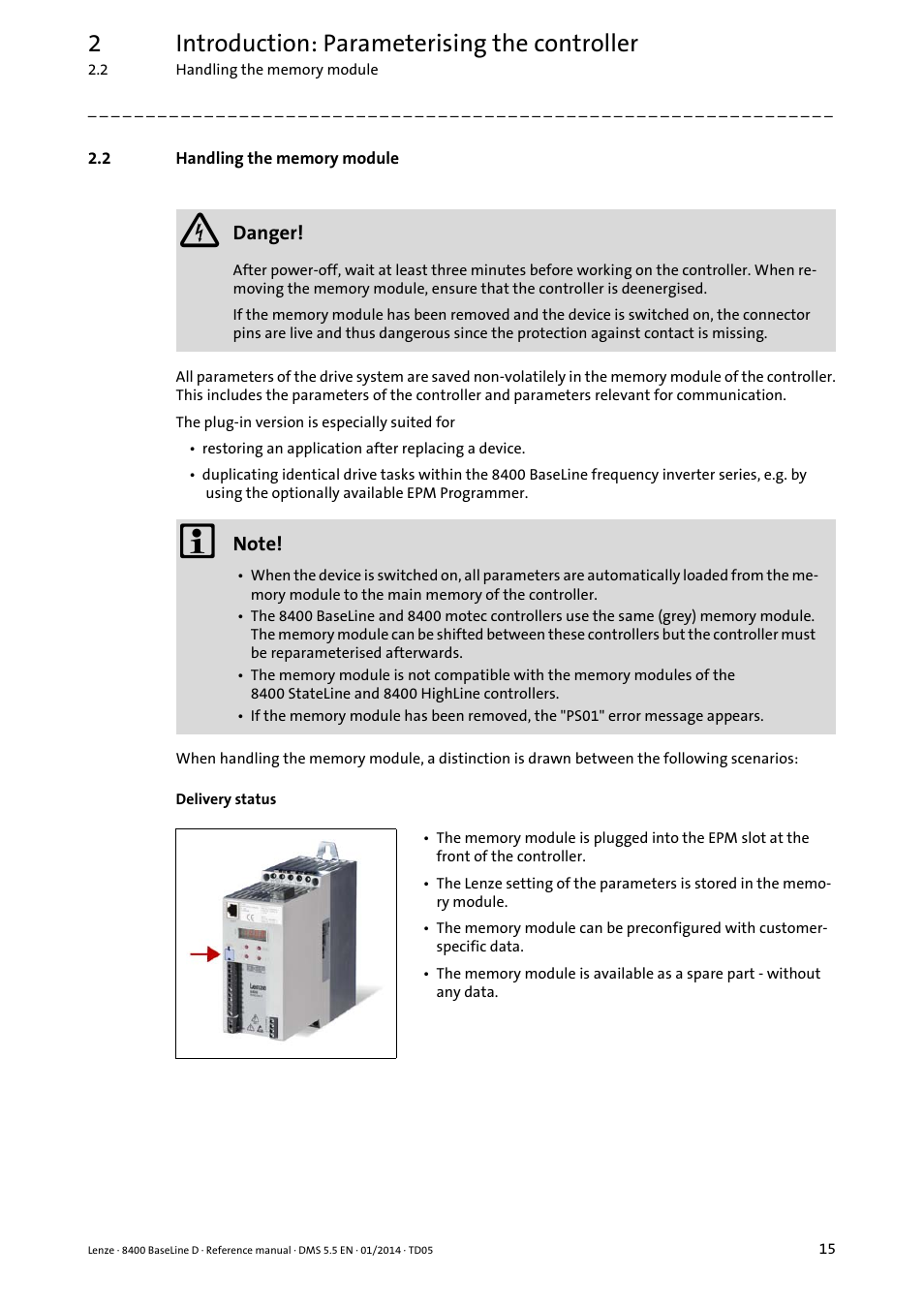 2 handling the memory module, Handling the memory module, 2introduction: parameterising the controller | Lenze 8400 BaseLine D User Manual | Page 15 / 260