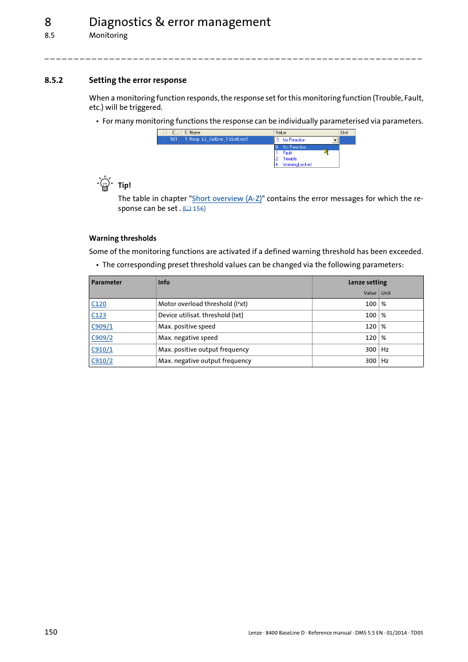 2 setting the error response, Setting the error response, 8diagnostics & error management | Lenze 8400 BaseLine D User Manual | Page 150 / 260
