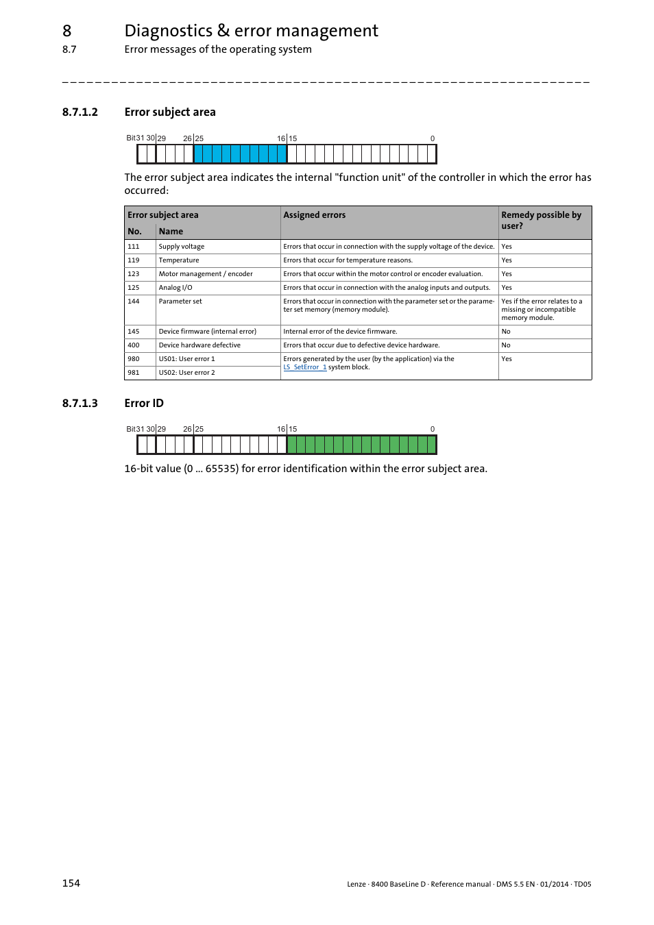 2 error subject area, 3 error id, Error subject area | Error id, 8diagnostics & error management | Lenze 8400 BaseLine D User Manual | Page 154 / 260