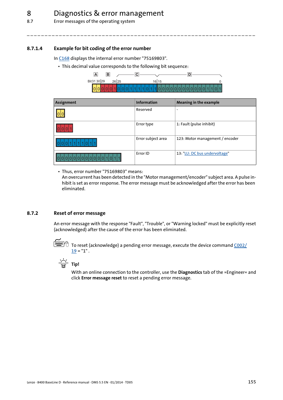 4 example for bit coding of the error number, 2 reset of error message, Example for bit coding of the error number | Reset of error message, 8diagnostics & error management | Lenze 8400 BaseLine D User Manual | Page 155 / 260