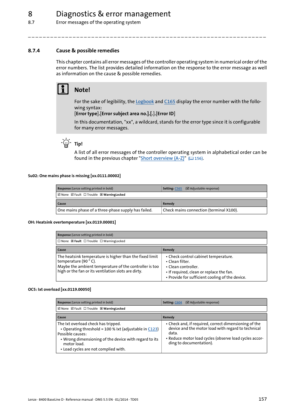 4 cause & possible remedies, Cause & possible remedies, Oc5: ixt overload | Su02: mains voltage switched-off, Xx.0119.00050, Xx.0119.00001, Xx.0111.00002, 8diagnostics & error management | Lenze 8400 BaseLine D User Manual | Page 157 / 260