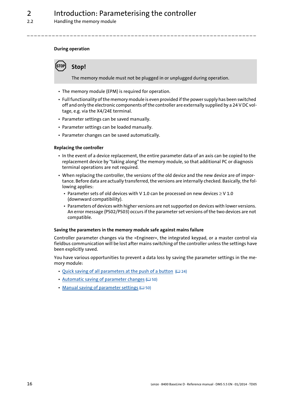 2introduction: parameterising the controller, Stop | Lenze 8400 BaseLine D User Manual | Page 16 / 260