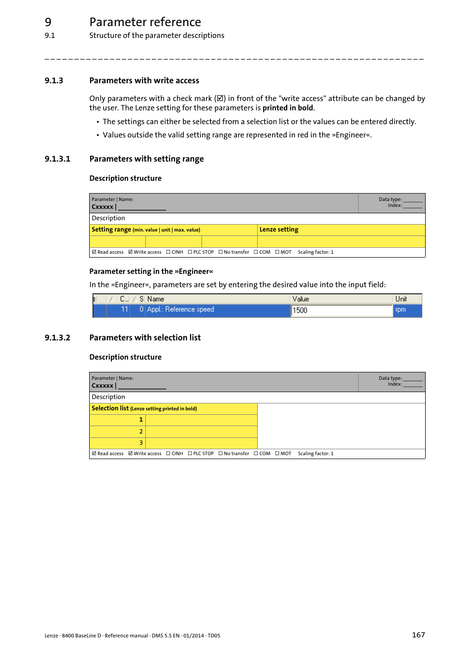 3 parameters with write access, 1 parameters with setting range, 2 parameters with selection list | Parameters with write access, Parameters with setting range, Parameters with selection list, 9parameter reference | Lenze 8400 BaseLine D User Manual | Page 167 / 260