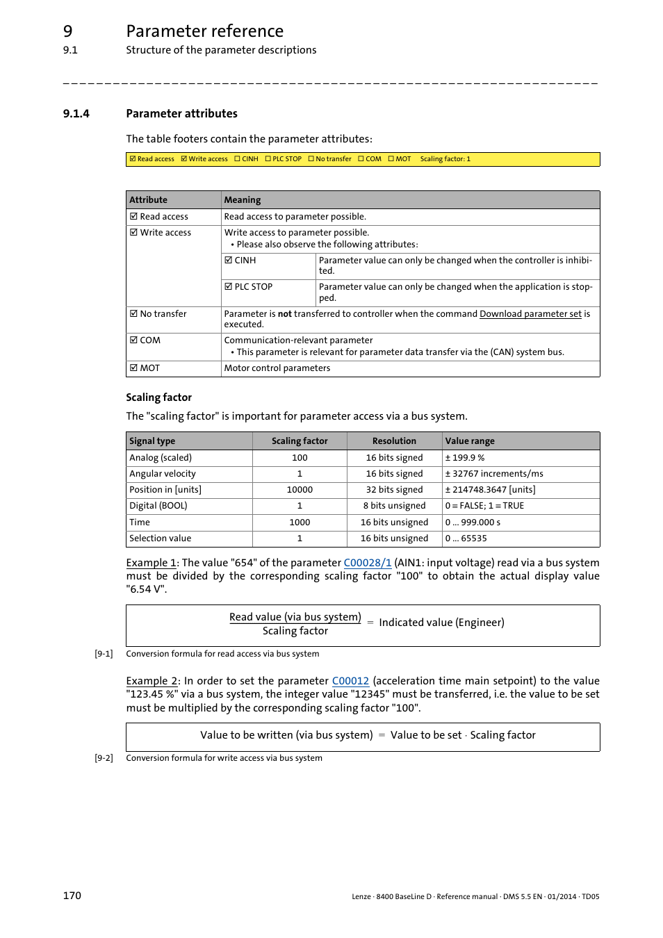 4 parameter attributes, Parameter attributes, 9parameter reference | Lenze 8400 BaseLine D User Manual | Page 170 / 260