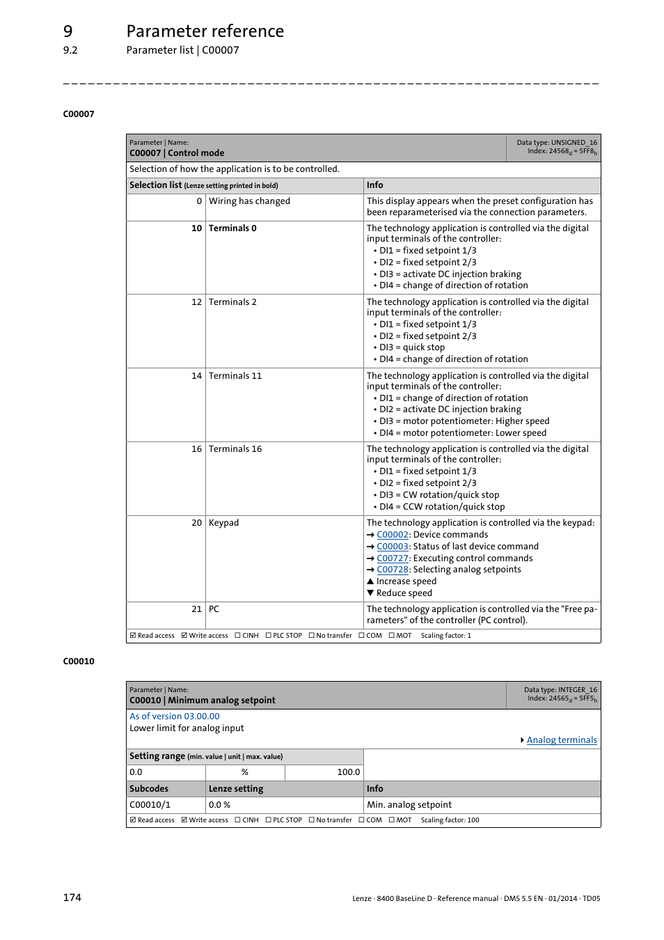 C00007 | control mode, C00010 | minimum analog setpoint, C007 | Selection of contro, C010/1, C010, De in, 9parameter reference | Lenze 8400 BaseLine D User Manual | Page 174 / 260