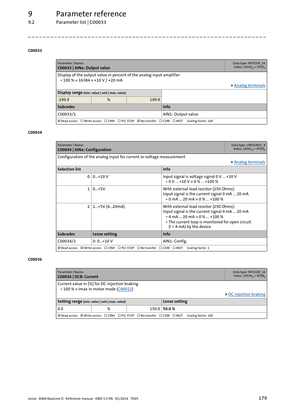 C00033 | ainx: output value, C00034 | ainx: configuration, C00036 | dcb: current | C036, C034/1, C033/1, When, C00034/1, 9parameter reference | Lenze 8400 BaseLine D User Manual | Page 179 / 260