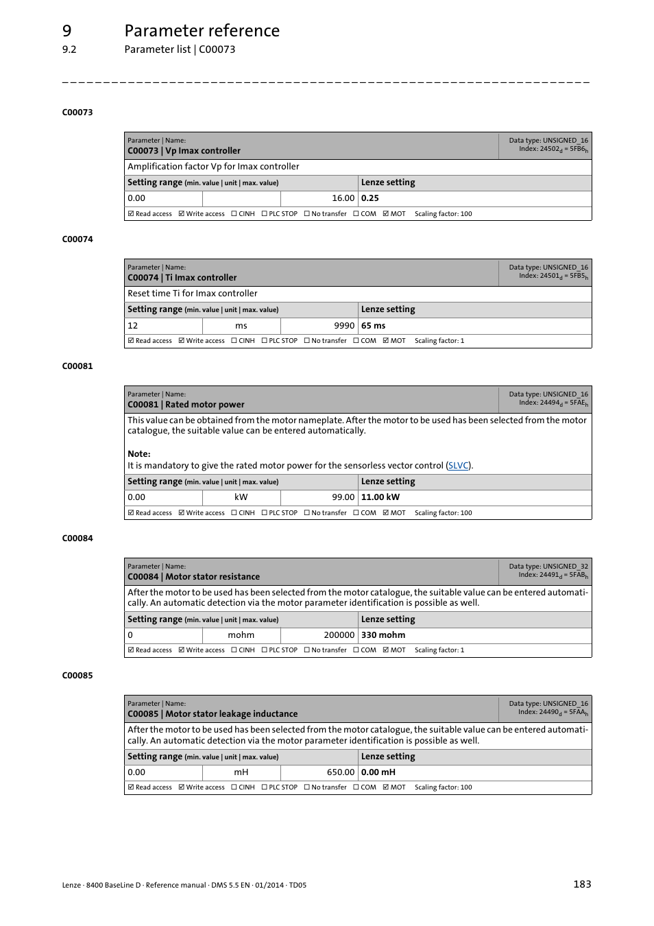 C00073 | vp imax controller, C00074 | ti imax controller, C00081 | rated motor power | C00084 | motor stator resistance, C00085 | motor stator leakage inductance, C081, C084, C085, Akage inductance, C074/1 | Lenze 8400 BaseLine D User Manual | Page 183 / 260