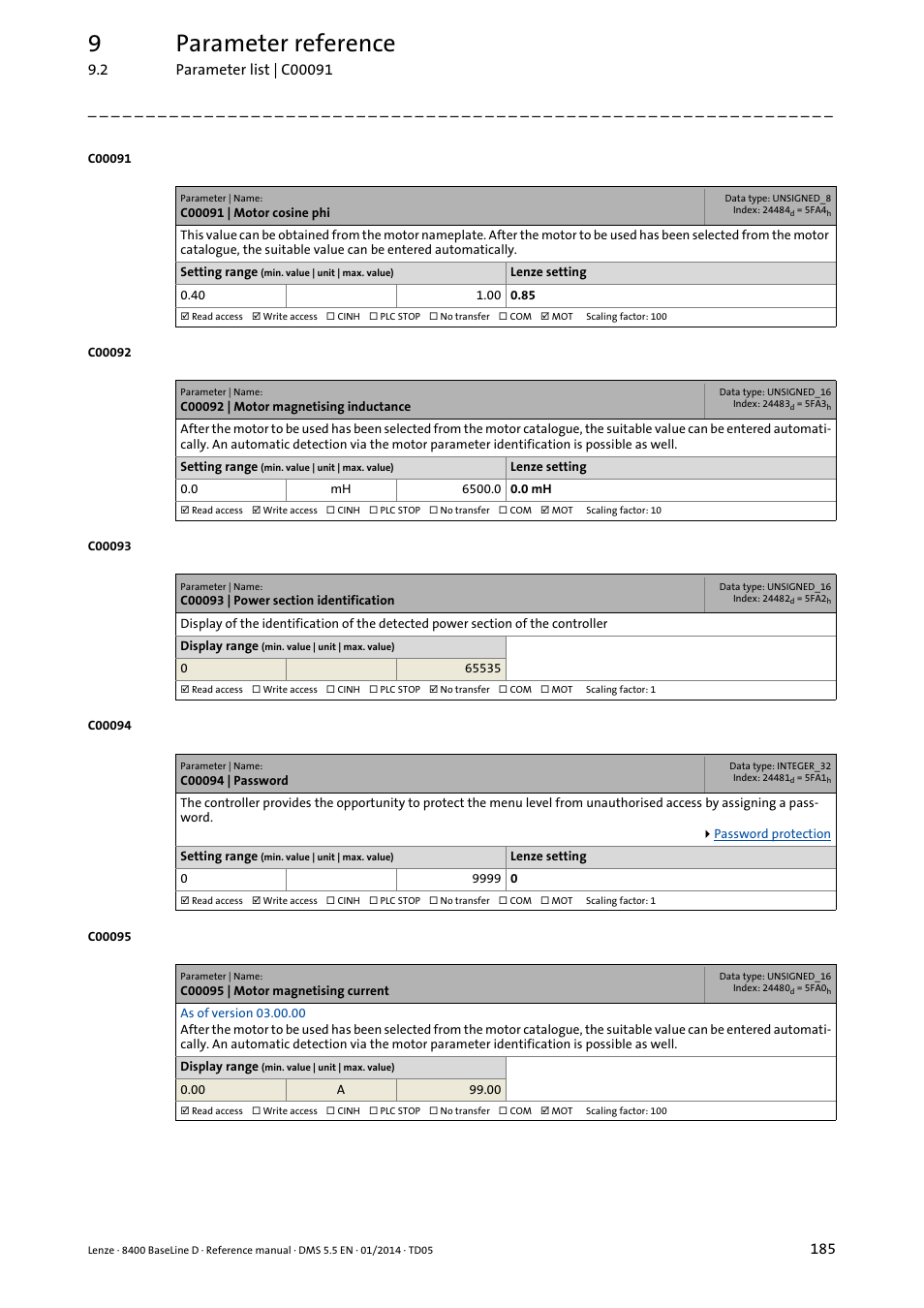 C00091 | motor cosine phi, C00092 | motor magnetising inductance, C00093 | power section identification | C00094 | password, C00095 | motor magnetising current, C094, Passw, C091, C092, C095 | Lenze 8400 BaseLine D User Manual | Page 185 / 260
