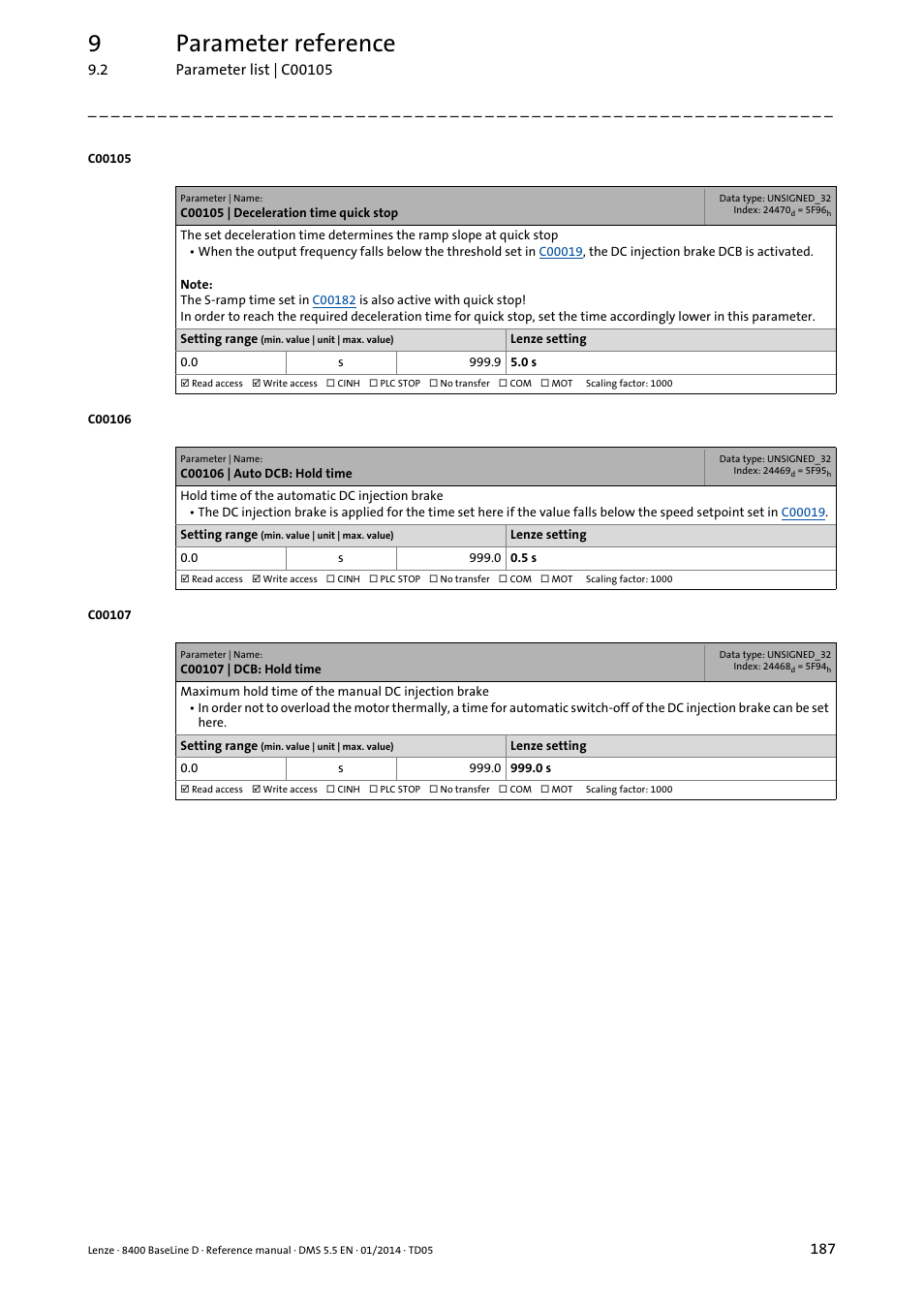 C00105 | deceleration time quick stop, C00106 | auto dcb: hold time, C00107 | dcb: hold time | C105, C106, C107, Has expired, th, 9parameter reference | Lenze 8400 BaseLine D User Manual | Page 187 / 260