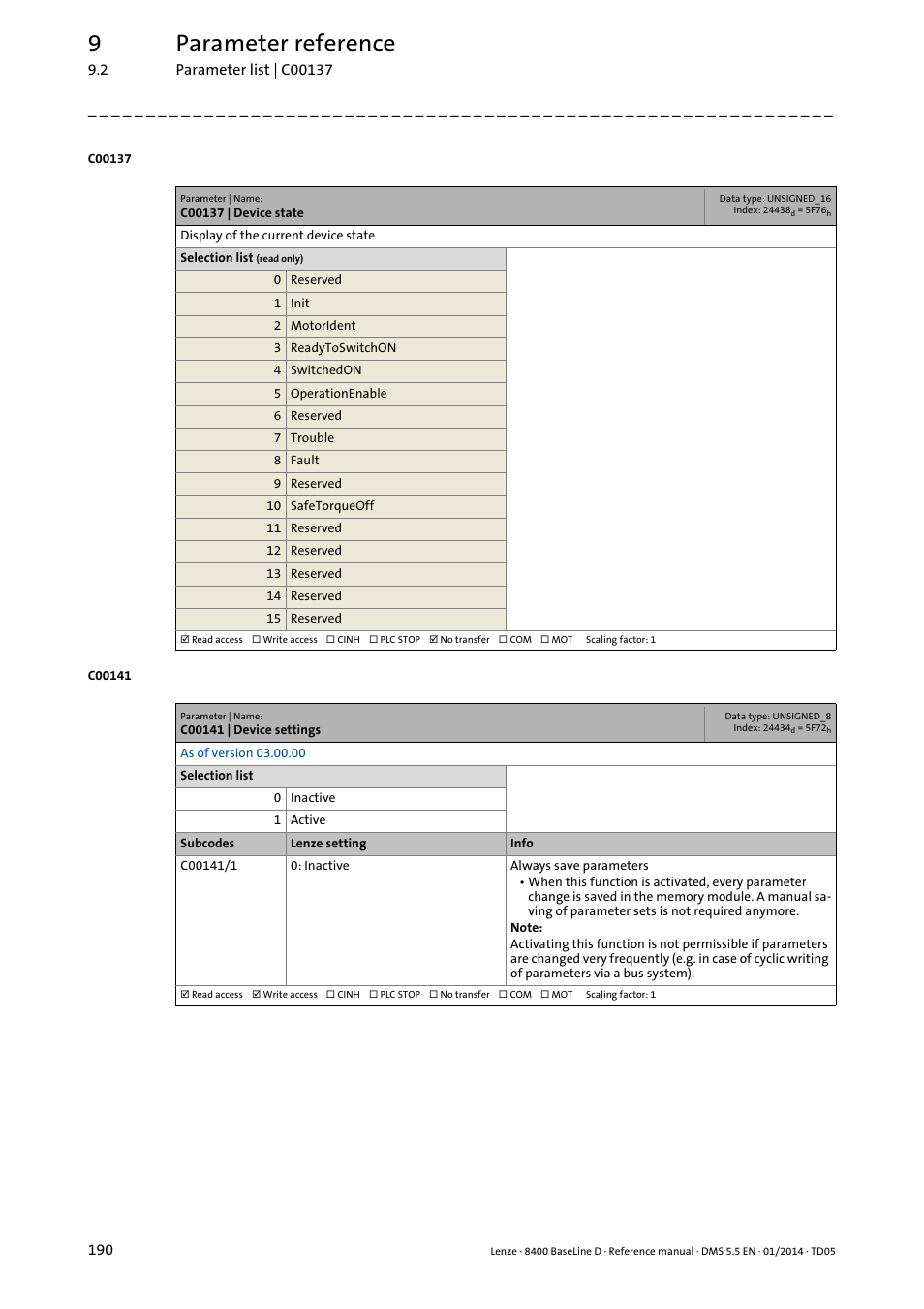 C00137 | device state, C00141 | device settings, C137 | C141, Tive" in, C141/1, 9parameter reference | Lenze 8400 BaseLine D User Manual | Page 190 / 260