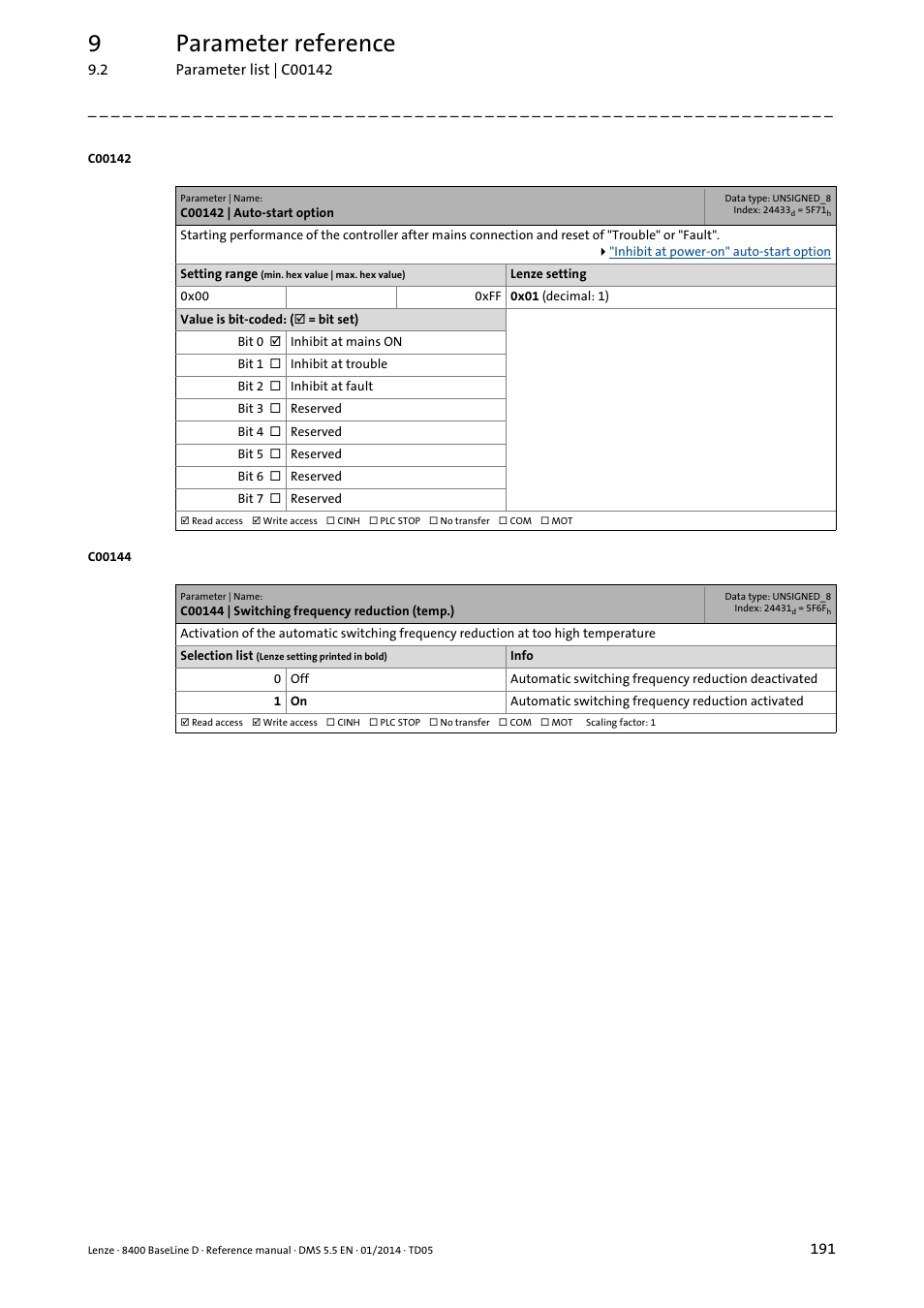 C00142 | auto-start option, C00144 | switching frequency reduction (temp.), C142 | The au, The a, C144, 9parameter reference | Lenze 8400 BaseLine D User Manual | Page 191 / 260