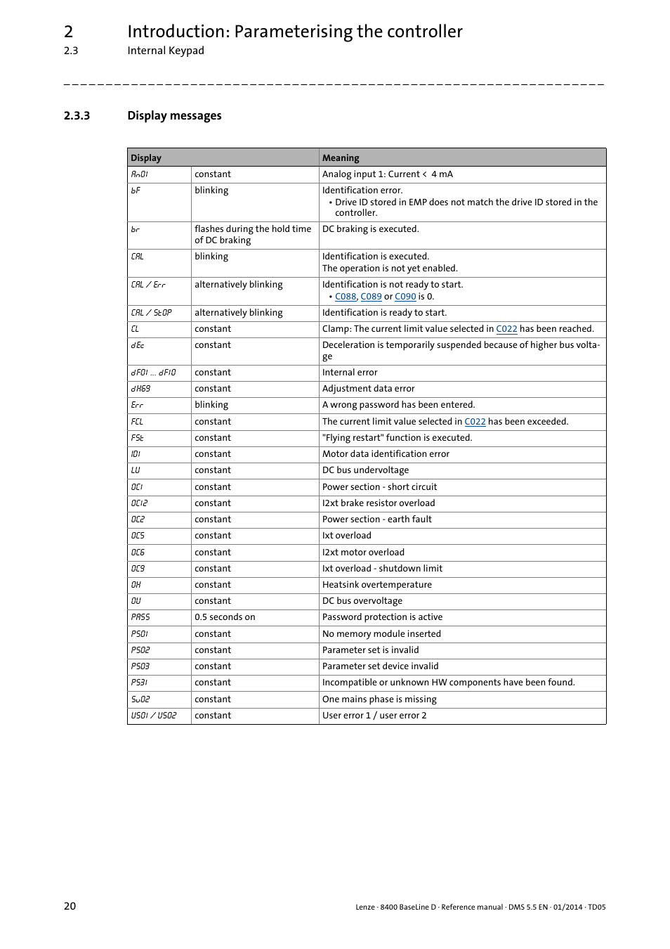 3 display messages, Display messages, 2introduction: parameterising the controller | Lenze 8400 BaseLine D User Manual | Page 20 / 260