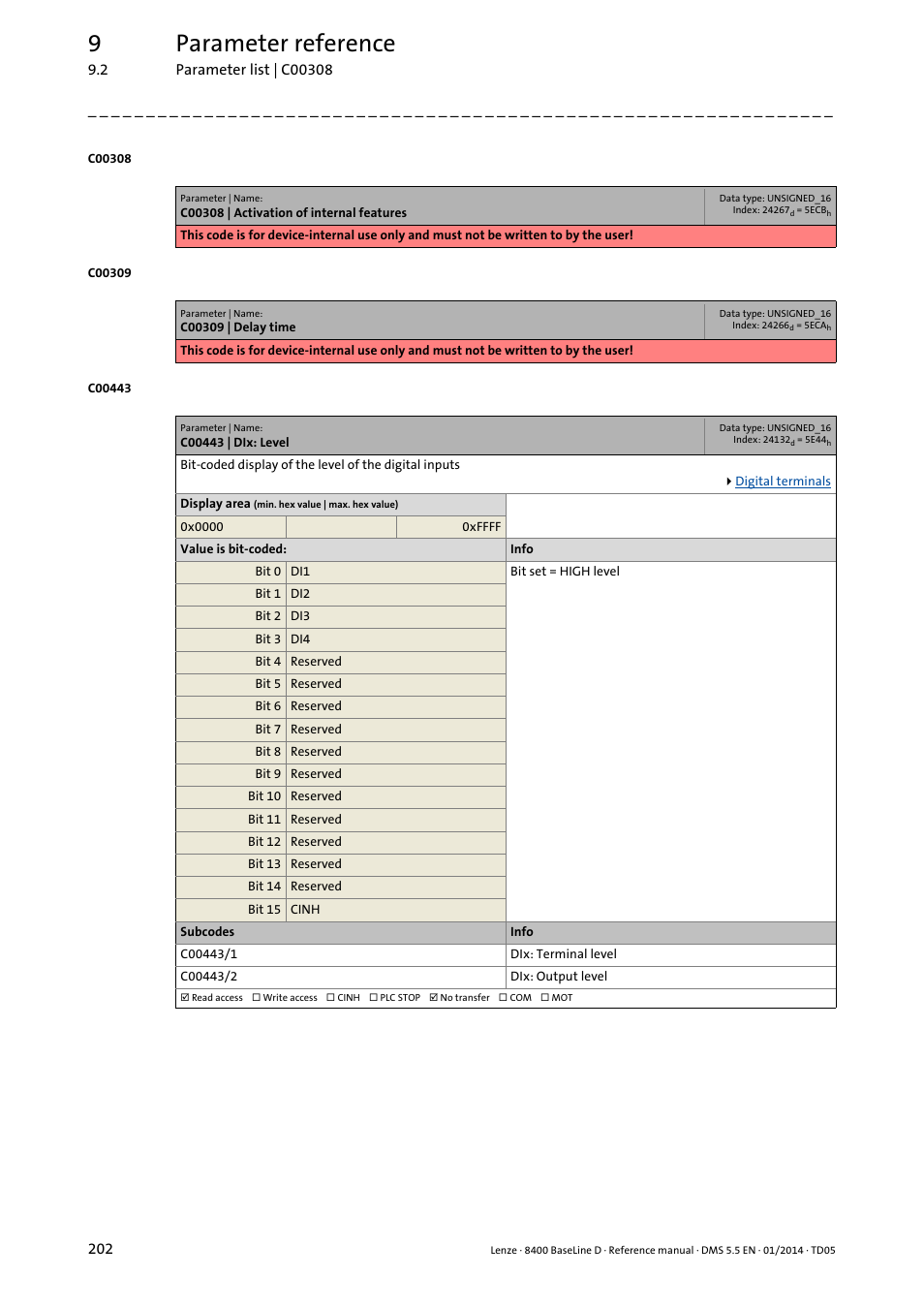 C00443 | dix: level, C443/1, C443/2 | 9parameter reference | Lenze 8400 BaseLine D User Manual | Page 202 / 260