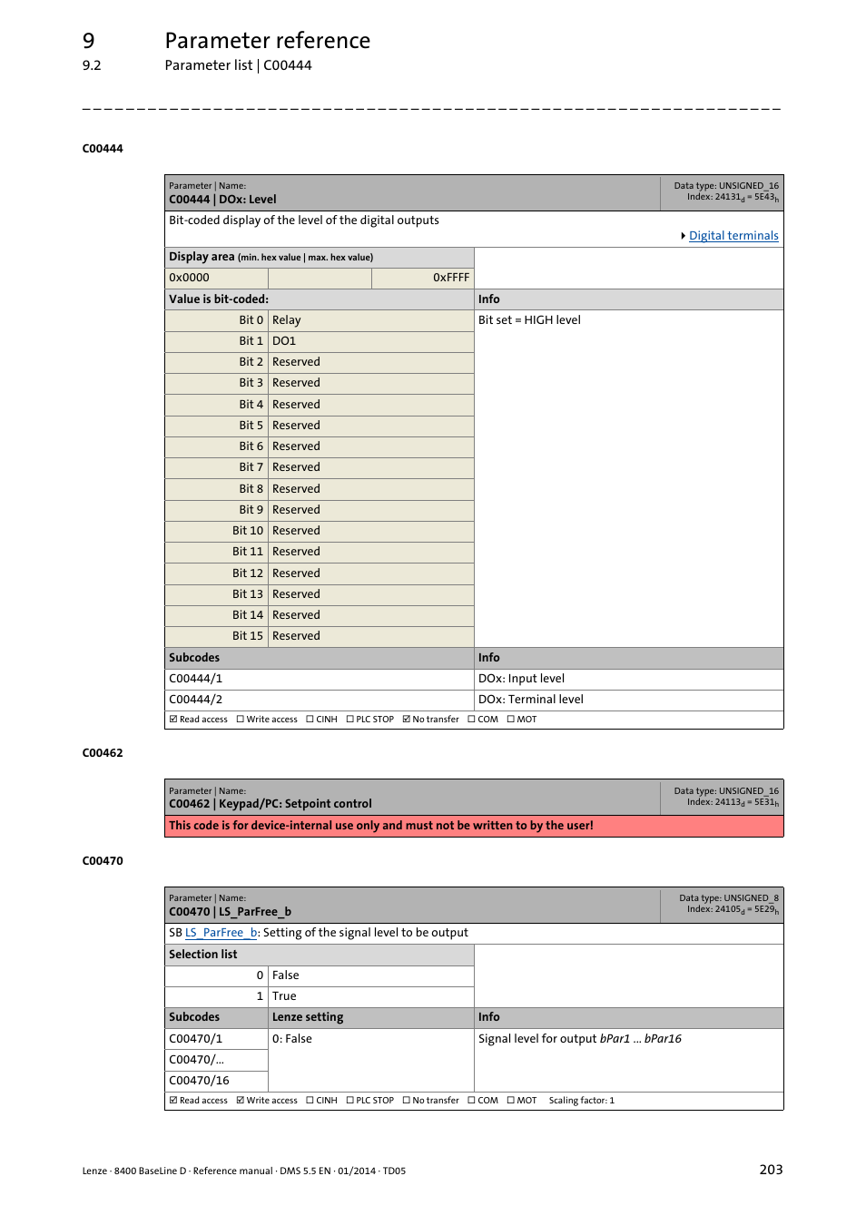 C00444 | dox: level, C00470 | ls_parfree_b, C444/1 | C444/2, C470/3, C470/4, C470/1, C470/2, 9parameter reference | Lenze 8400 BaseLine D User Manual | Page 203 / 260